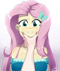 Size: 1804x2134 | Tagged: safe, artist:the-butch-x, fluttershy, human, equestria girls, g4, bare shoulders, blushing, breasts, busty fluttershy, butterfly hairpin, cheek squish, disembodied hand, female, gradient background, hand, looking at you, meme, misleading thumbnail, offscreen character, personal space invasion, pov, solo focus, squishy cheeks, sweat