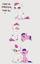 Size: 1305x2048 | Tagged: safe, artist:maxi_ponie, pipp petals, zipp storm, pegasus, pony, g5, chest fluff, comic, ear fluff, female, filly, foal, licking, one eye closed, siblings, sisters, sitting, smiling, tongue out, younger