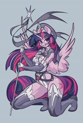Size: 2074x3071 | Tagged: safe, artist:dodsie, twilight sparkle, alicorn, anthro, g4, armor, breasts, cleavage, female, kneeling, simple background, solo, staff, twilight sparkle (alicorn), unconvincing armor