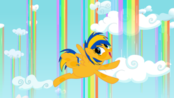 Size: 3951x2222 | Tagged: safe, artist:ncolque, oc, oc only, oc:flare spark, pegasus, g4, rainbow falls, cloud, female, flying, happy, rainbow waterfall, solo