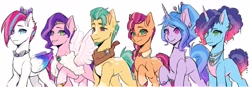 Size: 3175x1101 | Tagged: safe, artist:xiaowu07, hitch trailblazer, izzy moonbow, misty brightdawn, pipp petals, sunny starscout, zipp storm, earth pony, pegasus, pony, unicorn, g5, colored wings, female, glasses, horn, looking at you, male, mane five, mane six (g5), mare, older, ponytail, simple background, smiling, smiling at you, stallion, white background, wings