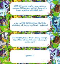 Size: 2048x2171 | Tagged: safe, gameloft, idw, crystal (g4), medley brook, zecora, kelpie, zebra, g4, my little pony: magic princess, official, black sclera, dialogue, dialogue box, ear piercing, earring, english, female, idw showified, jewelry, mare, mobile game, neck rings, piercing, text