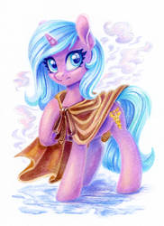 Size: 872x1200 | Tagged: safe, artist:maytee, radiant hope, pony, unicorn, g4, spoiler:comic, cloak, clothes, colored pencil drawing, horn, solo, traditional art