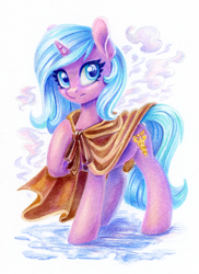 Size: 872x1200 | Tagged: safe, artist:maytee, radiant hope, crystal pony, pony, unicorn, g4, spoiler:comic, cloak, clothes, colored pencil drawing, female, horn, mare, solo, traditional art