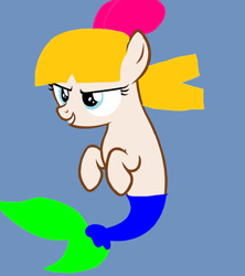 Size: 1280x1440 | Tagged: safe, artist:disneyponyfan, artist:redthebronypony, pony, seapony (g4), g4, annie (little einsteins), base used, blue background, bow, brave, female, filly, fish tail, foal, hair bow, little einsteins, narrowed eyes, ponified, rule 85, simple background, solo, tail, talking