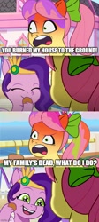 Size: 500x1120 | Tagged: safe, edit, edited screencap, screencap, pipp petals, posey bloom, earth pony, pegasus, pony, g5, my little pony: tell your tale, p + p = bffs, zipp's yes day, spoiler:g5, spoiler:my little pony: tell your tale, spoiler:tyts01e22, spoiler:tyts02e13, adorapipp, angry, boardtrot, bow, comic, cute, duo, eye shimmer, eyes closed, female, giggling, hair bow, implied arson, implied death, implied murder, jewelry, mare, meme, necklace, open mouth, open smile, pipp petals is best facemaker, posey can't catch a break, red face, smiling, text, tiktok, you burned my house to the ground!