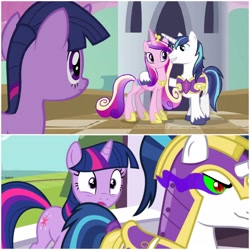 Size: 2880x2880 | Tagged: artist needed, safe, artist:mm15766, edit, edited screencap, screencap, king sombra, princess cadance, shining armor, twilight sparkle, alicorn, pony, unicorn, a canterlot wedding, g4, season 2, alternate universe, disguise, fake shining armor, female, horn, male, mare, sombra eyes, stallion, unicorn twilight