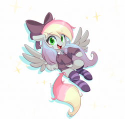Size: 1200x1143 | Tagged: safe, artist:inkypuso, oc, oc only, oc:blazey sketch, pegasus, pony, bow, clothes, commission, female, hair bow, looking at you, mare, multicolored hair, open mouth, open smile, rainbow hair, simple background, smiling, smiling at you, socks, solo, sparkles, striped socks, sweater, white background, ych result