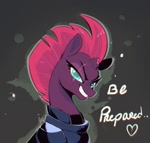 Size: 1051x1000 | Tagged: safe, artist:inkypuso, tempest shadow, pony, unicorn, g4, be prepared, broken horn, female, furrowed brow, gray background, grin, horn, looking at you, mare, simple background, smiling, smiling at you, solo
