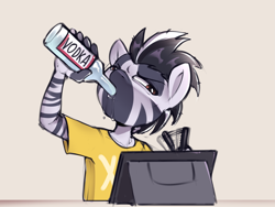 Size: 3617x2716 | Tagged: safe, artist:felixf, oc, oc only, oc:zeblix, zebra, anthro, alcohol, drawing, drink, drinking, male, solo, vodka, zebra oc