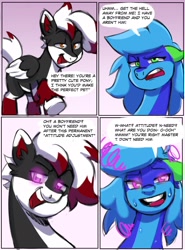 Size: 1512x2048 | Tagged: safe, artist:glowhorn, oc, oc only, oc:artifact, oc:vortex, earth pony, pegasus, comic:vortex gets stolen, blue hair, brainwashing, comic, corrupted, cuckolding, dialogue, duo, duo male, earth pony oc, femboy, gay, gradient background, green eyes, imminent sex, implied infidelity, male, mind control, orange eyes, pegasus oc, pink eyes, red hair, smiling, smug, sweat, white hair