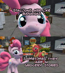 Size: 1920x2160 | Tagged: safe, artist:wissle, big macintosh, pinkie pie, earth pony, pony, g4, 2 panel comic, 3d, atg 2024, caption, comic, duo, duo male and female, female, grocery store, male, mare, newbie artist training grounds, source filmmaker, stallion, supermarket, text, wisdom, youtube link in the description