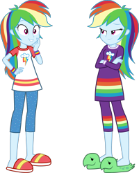 Size: 3195x4000 | Tagged: safe, artist:octosquish7260, rainbow dash, human, equestria girls, g4, clothes, double rainbow, duo, equestria girls-ified, female, humanized, looking at each other, looking at someone, nightgown, pajamas, pants, self paradox, shirt, slippers, t-shirt, teenager, wristband