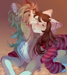 Size: 1947x2160 | Tagged: safe, artist:xiningtoxin, oc, oc only, pony, chest fluff, duo, ear fluff, gradient background, hug, hug from behind, lying down, pair