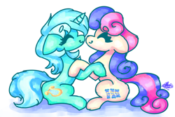 Size: 3600x2400 | Tagged: safe, artist:mannybcadavera, bon bon, lyra heartstrings, sweetie drops, earth pony, pony, unicorn, g4, duo, eyes closed, female, happy, high res, horn, lesbian, nose to nose, ship:lyrabon, shipping, simple background, sitting, smiling, white background