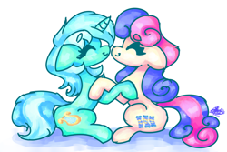 Size: 3600x2400 | Tagged: safe, artist:mannybcadavera, bon bon, lyra heartstrings, sweetie drops, earth pony, pony, unicorn, g4, duo, duo female, eyes closed, female, happy, high res, horn, lesbian, nose to nose, ship:lyrabon, shipping, simple background, sitting, smiling, white background