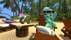 Size: 1080x608 | Tagged: safe, artist:ports2005, bon bon, lyra heartstrings, sweetie drops, pony, g4, 3d, beach, beach chair, chair, duo, duo female, female, gmod, happy, lesbian, looking at you, palm tree, relaxing, ship:lyrabon, shipping, sleeping, summer, sunglasses, sunshine, tree
