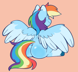 Size: 2085x1920 | Tagged: safe, artist:glowhorn, rainbow dash, pegasus, pony, g4, butt, female, mare, multicolored hair, multicolored mane, multicolored tail, orange background, plot, rainbow hair, rainbow tail, rainbutt dash, rear view, shiny, shiny butt, simple background, sitting, smiling, solo, spread wings, tail, unshorn fetlocks, wings