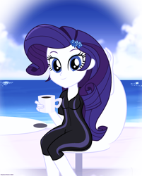 Size: 1506x1876 | Tagged: safe, artist:stephen-fisher, rarity, human, equestria girls, g4, beach, chair, clothes, coffee mug, female, looking at you, mug, sitting, solo, swimsuit, table