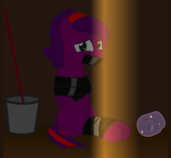 Size: 994x918 | Tagged: safe, artist:cardshark777, oc, oc only, oc:crystal (sch01), pegasus, pony, bondage, bucket, closet, gag, kidnapped, looking at you, magic, mop, scared, solo, tape, tape bondage, tape gag