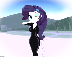 Size: 2319x1844 | Tagged: safe, artist:stephen-fisher, rarity, human, equestria girls, g4, beach, clothes, female, one eye closed, one-piece swimsuit, solo, swimsuit, wetsuit, wink