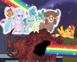 Size: 2000x1597 | Tagged: safe, artist:emeraldblast63, gallus, ocellus, sandbar, silverstream, smolder, sunset shimmer, yona, pony, comic:the tale of two sunsets, story included, student six