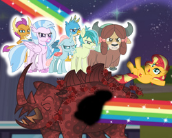 Size: 2000x1597 | Tagged: safe, artist:emeraldblast63, cosmos, gallus, ocellus, sandbar, silverstream, smolder, sunset shimmer, yona, beetle, changedling, changeling, classical hippogriff, dragon, earth pony, griffon, hippogriff, insect, pony, unicorn, yak, comic:the tale of two sunsets, g4, angry, fangs, horn, hornless unicorn, missing horn, rainbow power, space, story included, student six, toasty rhino boi