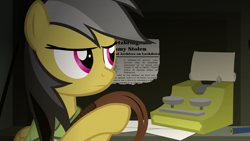 Size: 2000x1125 | Tagged: safe, artist:equestriaexploration, daring do, pony, g4, atg 2024, escii keyboard, newbie artist training grounds, solo, typewriter