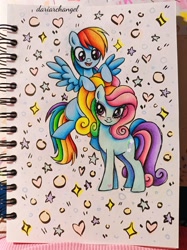 Size: 2249x3000 | Tagged: safe, artist:dariarchangel, part of a set, rainbow dash, rainbow dash (g3), earth pony, pegasus, pony, g3, g3.5, g4, cute, dashabetes, duo, female, flying, g3 to g4, g3betes, generation leap, generational ponidox, mare, photo, ponytail, rainbow dash always dresses in style, sketch, smiling, spread wings, traditional art, wings