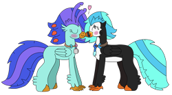 Size: 3116x1737 | Tagged: safe, artist:supahdonarudo, oc, oc only, oc:icebeak, oc:sea lilly, classical hippogriff, hippogriff, atg 2024, blushing, camera, eyes closed, heart, jewelry, necklace, newbie artist training grounds, nuzzling, shipping fuel, simple background, transparent background