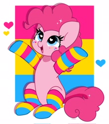 Size: 1813x2048 | Tagged: safe, artist:kittyrosie, pinkie pie, earth pony, pony, clothes, cute, diapinkes, female, heart, mare, open mouth, pansexual, pansexual pride flag, pride, pride flag, pride month, pride socks, sitting, socks, solo, striped socks