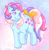 Size: 1279x1301 | Tagged: safe, artist:mewnikitty, sweet stuff, earth pony, pony, twinkle eyed pony, g1, abstract background, blushing, bow, colored eyelashes, female, gradient background, heart, mare, nervous, nervous smile, purple eyelashes, raised hoof, smiling, solo, standing, tail, tail bow