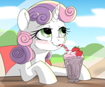 Size: 2103x1752 | Tagged: safe, artist:derpydooreviews, sweetie belle, pony, unicorn, g4, blushing, drink, female, filly, foal, food, horn, milkshake, solo, straw, strawberry