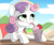 Size: 2103x1752 | Tagged: safe, artist:derpydoodesigns, artist:derpydooreviews, sweetie belle, pony, unicorn, g4, blushing, bust, chair, drink, drinking straw, female, filly, foal, food, horn, milkshake, sitting, solo, straw, strawberry, table