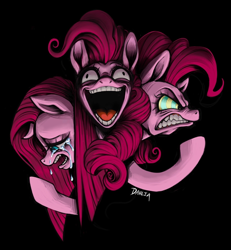 Size: 1440x1561 | Tagged: safe, artist:dahlia, pinkie pie, earth pony, pony, g4, bared teeth, black background, crying, curly mane, detailed, detailed hair, digital art, dramatic lighting, dramatic pose, emotional spectrum, emotions, grimdark source, gritted teeth, hypno eyes, looking down, looking up, maniacal laugh, multiple heads, pink coat, pink hair, pinkamena diane pie, signature, simple background, solo, straight mane, tears of pain, teeth, triality