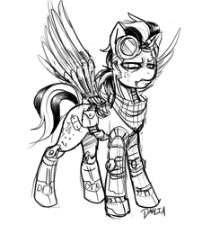 Size: 931x990 | Tagged: safe, artist:dahlia, oc, oc only, oc:battery acid, cyborg, cyborg pony, pegasus, pony, alternate universe, amputee, artificial wings, augmented, bandana, belt, black and white, concept art, cybernetic legs, digital art, engineer, future, goggles, grayscale, grimace, harness, looking back, metal wing, monochrome, plaid, prosthetic eye, prosthetic leg, prosthetic limb, prosthetic wing, prosthetics, simple background, solo, spread wings, swept-back mane, tail, two toned mane, two toned tail, utility belt, white background, wingboner, wings