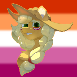 Size: 2500x2500 | Tagged: safe, artist:luanbang, applejack, pony, clothes, commission, cowboy hat, cute, eyelashes, female, gradient background, hat, lesbian, lesbian pride flag, looking at you, mare, outline, pride, pride flag, sexy face, smiling, smiling at you, solo, solo female, ych example, ych result, your character here