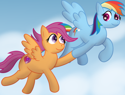 Size: 3800x2895 | Tagged: safe, artist:sweetielover, rainbow dash, scootaloo, pegasus, pony, g4, atg 2024, cloud, duo, duo female, female, high res, hoofbump, looking at each other, looking at someone, newbie artist training grounds, scootaloo can fly, scootalove, sky, smiling, spread wings, wings