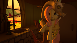 Size: 3200x1800 | Tagged: safe, artist:duckyqwapz, discord, fluttershy, draconequus, pegasus, pony, g4, 3d, atg 2024, couple, dark background, duo, duo male and female, female, fluttershy's cottage (interior), forest, kitchen, male, mare, nature, newbie artist training grounds, sad, ship:discoshy, shipping, sink, straight, sunset, tree, water pump, window