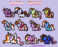 Size: 402x325 | Tagged: safe, alternate version, artist:leopardsnaps, applejack, fluttershy, pinkie pie, princess cadance, princess celestia, princess luna, rainbow dash, rarity, starlight glimmer, trixie, twilight sparkle, alicorn, alternate hair color, female, group shot, lesbian, pride, pride month, purple background, simple background, twilight sparkle (alicorn)