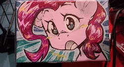 Size: 2048x1109 | Tagged: safe, artist:midnightpremiere, pinkie pie, earth pony, pony, bust, open mouth, photo, solo, traditional art