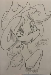 Size: 1402x2048 | Tagged: safe, artist:midnightpremiere, applejack, earth pony, pony, bust, female, grayscale, mare, monochrome, pencil drawing, signature, solo, traditional art