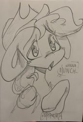 Size: 1402x2048 | Tagged: safe, artist:midnightpremiere, applejack, earth pony, pony, g4, bust, female, grayscale, mare, monochrome, pencil drawing, signature, solo, traditional art