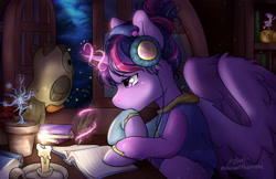 Size: 3500x2264 | Tagged: safe, alternate version, artist:midnightpremiere, owlowiscious, tree of harmony, twilight sparkle, alicorn, bird, owl, pony, book, candle, candlelight, clothes, duo, duo male and female, female, headphones, hoodie, levitation, lo-fi beats, magic, male, mare, potted plant, quill, telekinesis, twilight sparkle (alicorn)