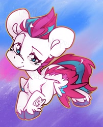 Size: 3314x4096 | Tagged: safe, artist:midnightpremiere, zipp storm, pegasus, pony, g5, abstract background, colored wings, colored wingtips, female, looking at you, mare, smiling, smiling at you, solo, spread wings, unshorn fetlocks, wings