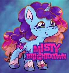 Size: 2644x2816 | Tagged: safe, artist:midnightpremiere, misty brightdawn, pony, unicorn, g5, abstract background, bracelet, cute, female, freckles, friendship bracelet, happy, horn, jewelry, mare, mistybetes, name, rebirth misty, smiling, solo