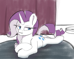 Size: 2500x2000 | Tagged: safe, artist:kenzie, rarity, unicorn, g4, crossed hooves, crossed legs, curtains, eyebrows, high res, horn, lidded eyes, looking at you, rug, signature, sketch, smiling