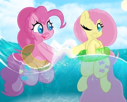 Size: 3000x2400 | Tagged: safe, artist:boneappleteeth, fluttershy, pinkie pie, earth pony, pegasus, pony, g4, bubble, cloud, cute, diapinkes, female, happy, inflatable, inner tube, mare, ocean, one eye closed, open mouth, open smile, pool toy, shyabetes, smiling, splash, splashing, water