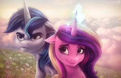 Size: 1135x730 | Tagged: safe, artist:annaxeptable, artist:lummh, princess cadance, shining armor, alicorn, pony, unicorn, comic:the princess of love, bust, collaboration, duo, duo male and female, female, floppy ears, glowing, glowing horn, grown, horn, male, mare, ship:shiningcadance, shipping, smiling, stallion, straight