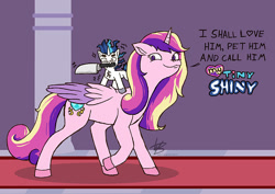 Size: 800x566 | Tagged: safe, artist:animatorwil, princess cadance, shining armor, alicorn, pony, unicorn, g4, atg 2024, chest fluff, dialogue, duo, duo male and female, female, horn, knife, male, meme, mouth hold, newbie artist training grounds, shaking, ship:shiningcadance, shipping, size difference, straight, the bride and the ugly ass groom
